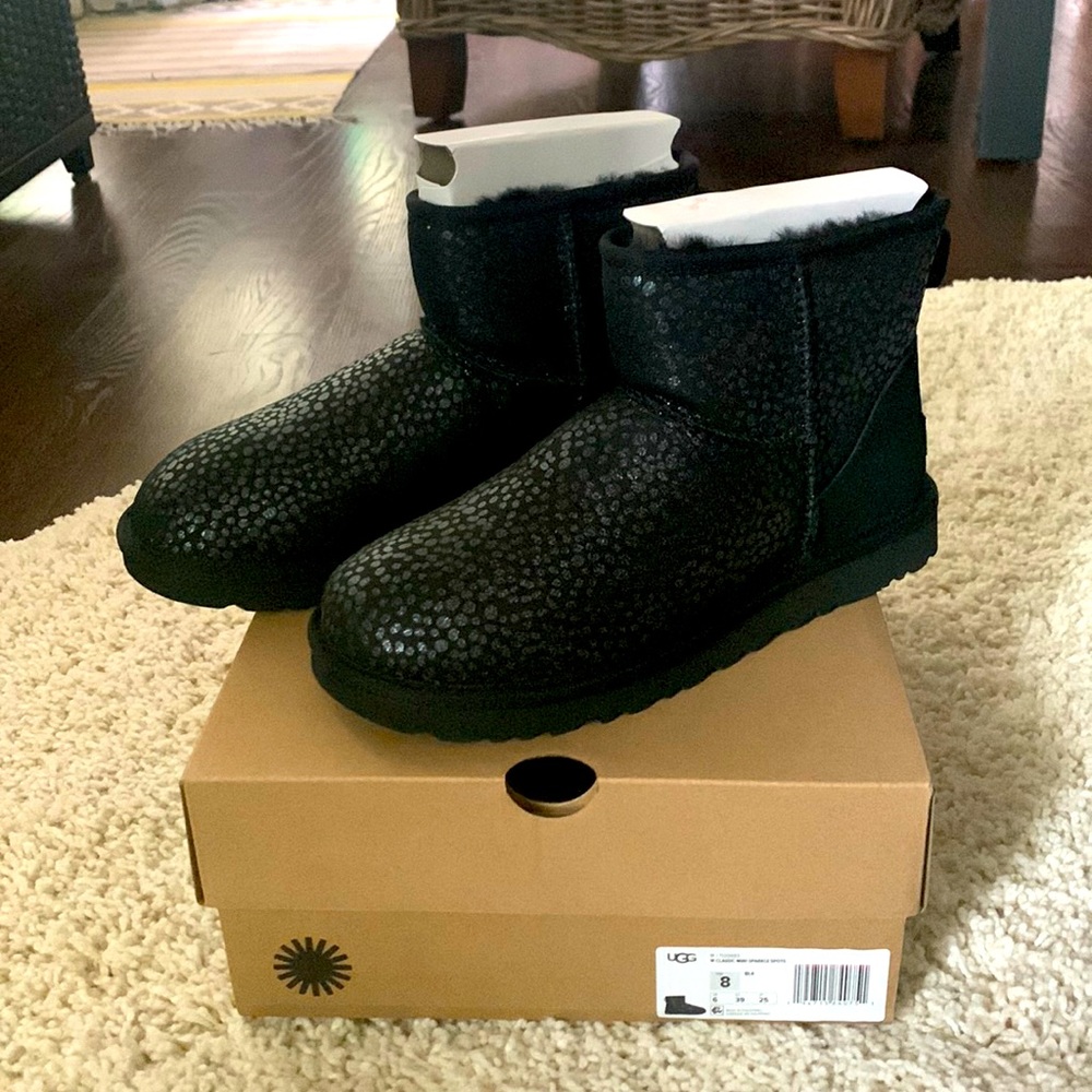 Brand new never worn Classic Mini Sparkle Spots black Uggs, size 8